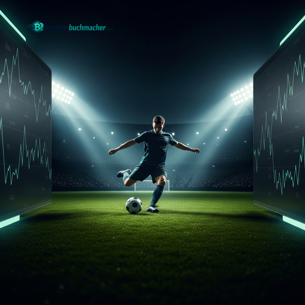 Symbolbild für Krypto Sportwetten: Fußballspieler mit Analyse-Grafiken