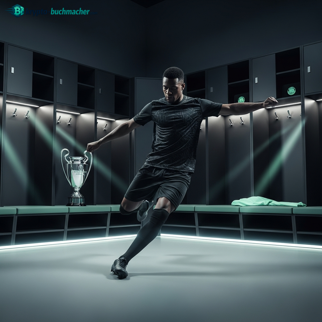 Ein Fußball-Champion in der Umkleidekabine mit einem glänzenden Pokal, der den Ehrgeiz der Top-Teams bei der Weltmeisterschaft 2026 darstellt.