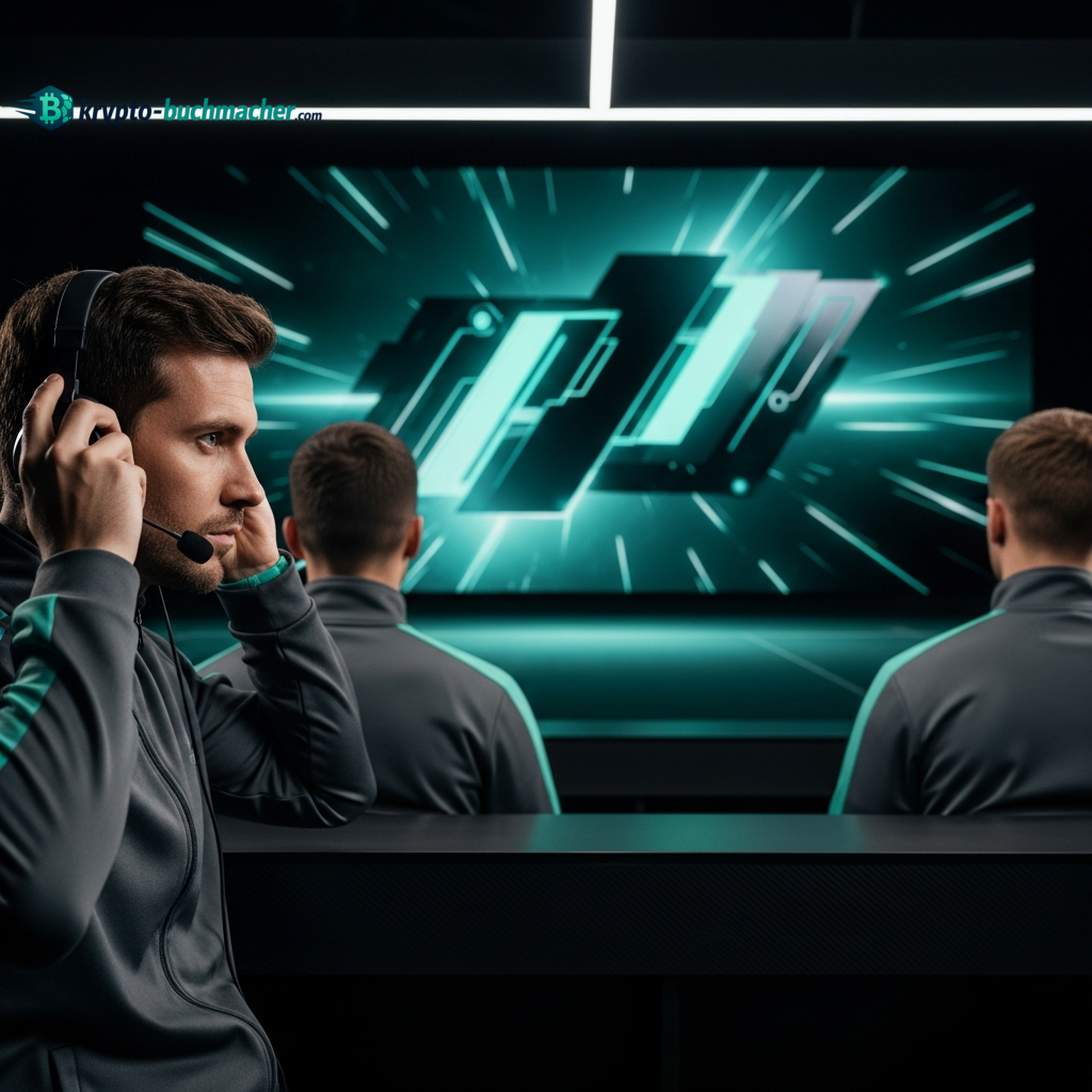 Ein Team von Nutzern konzentriert sich auf einen Bildschirm mit einem leuchtenden Technologie-Logo, das die Informationsbeschaffung über Krypto-Wetten für die WM 2026 symbolisiert.