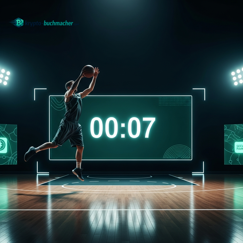 Ein Basketballspieler auf einem futuristischen Spielfeld mit leuchtenden Tech-Schnittstellen, das die Geschwindigkeit und Modernität von Krypto-Wetten bei der WM 2026 darstellt.